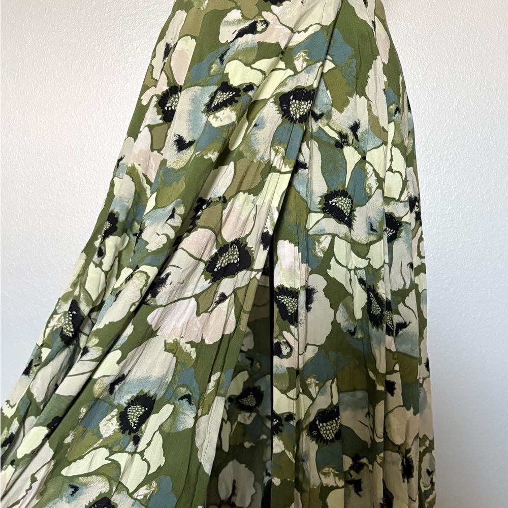 Free People Olive Green Floral A-Line Maxi Skirt with Cream Blooms - Picture 2 of 6